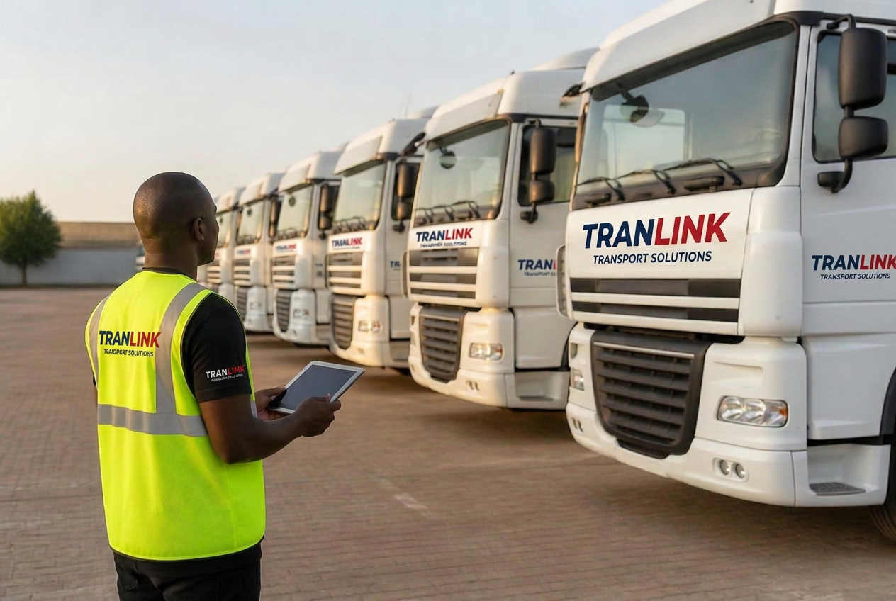 Tranlink branded trucks lined up in a fleet yard with a supervisor checking readiness