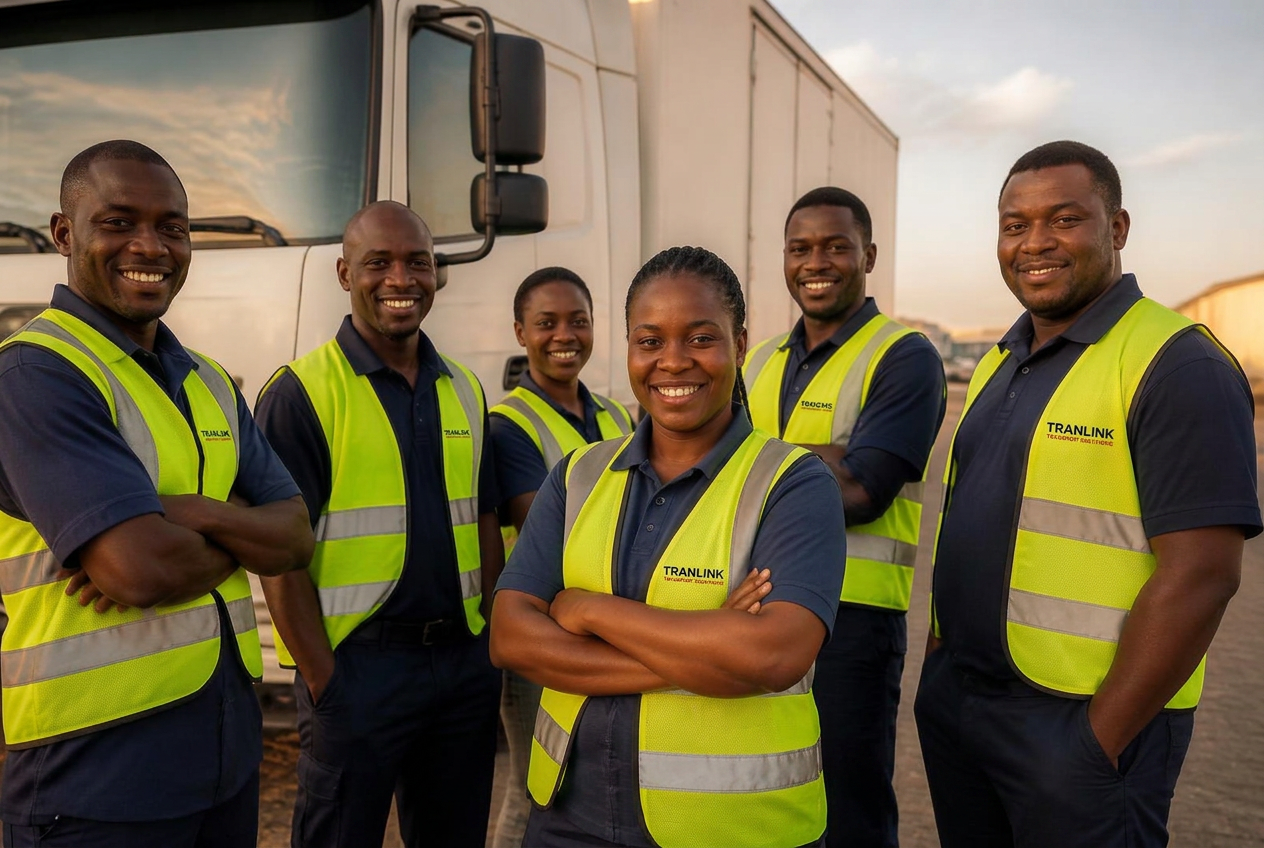 Tranlink professional drivers and transport staff standing beside a truck