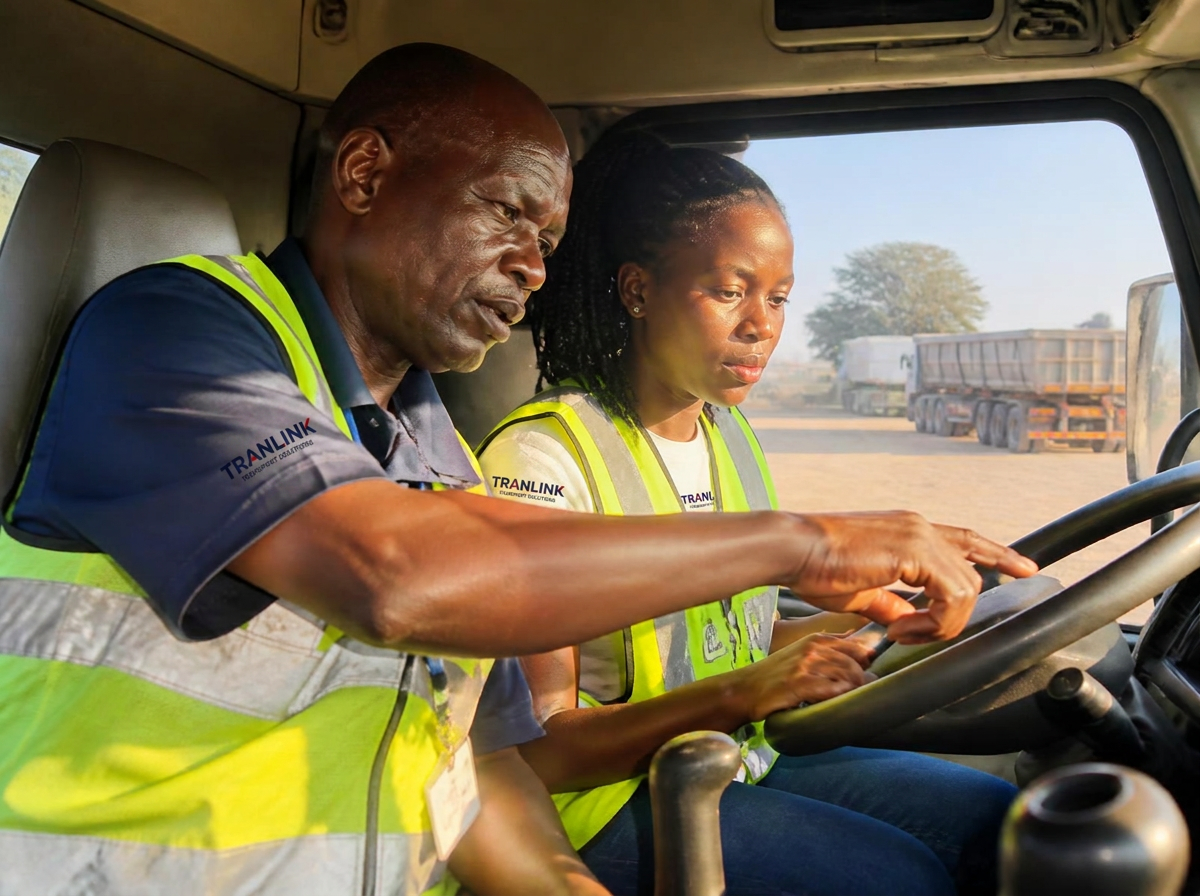 Tranlink driving instructor coaching a trainee inside a truck cab